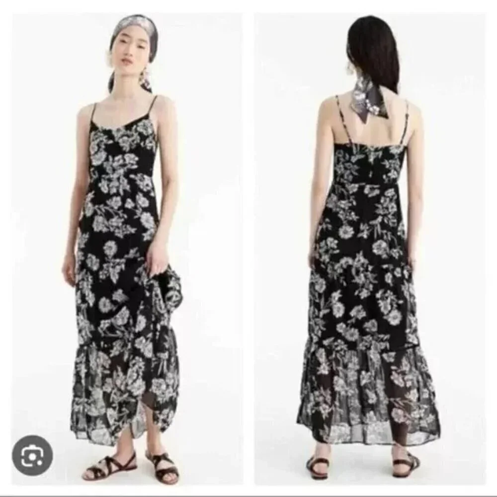 J. Crew Women's 6 Black & White Chiffon Floral Tiered Maxi Dress Wedding Summer